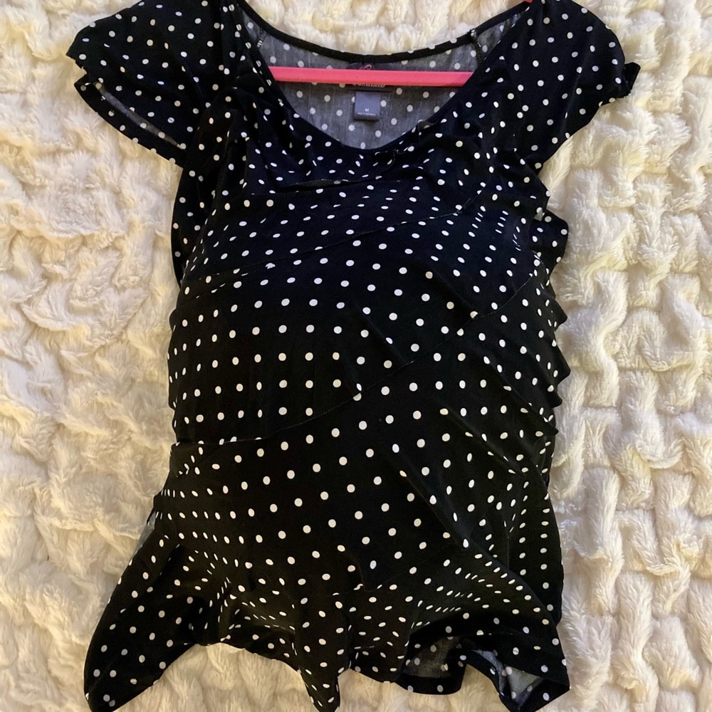 🔥HP🔥Oh Baby sz M black/white polka dot maternity blouse ruffles short sl… - Picture 2 of 4